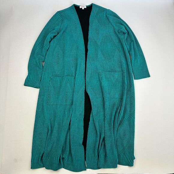 Lularoe Sarah Cardigan Duster Sweater Teal Black Lined Size S Open Front Pockets - Picture 2 of 12
